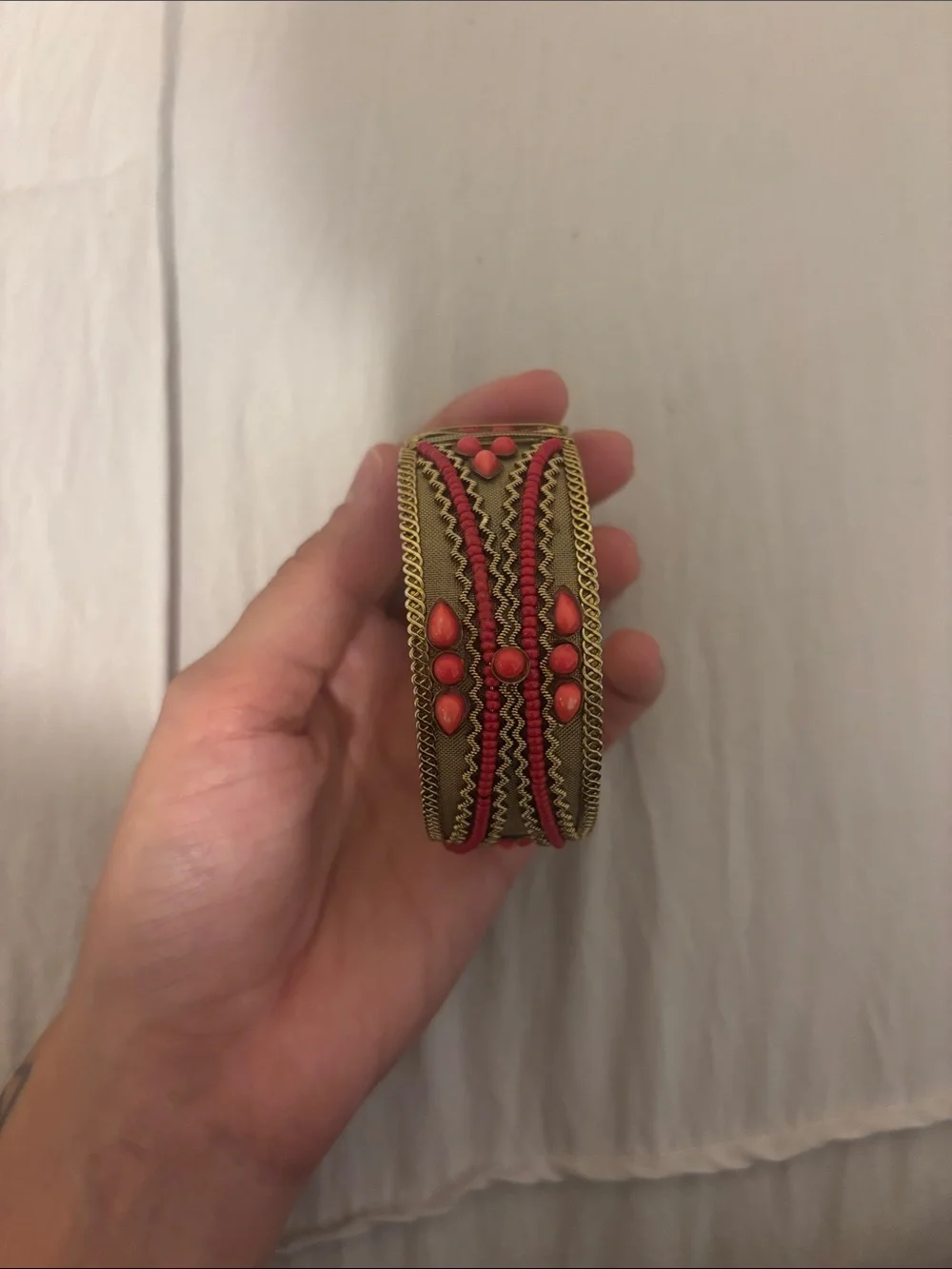 Beaded Coral and Gold Statement Cuff Bracelet